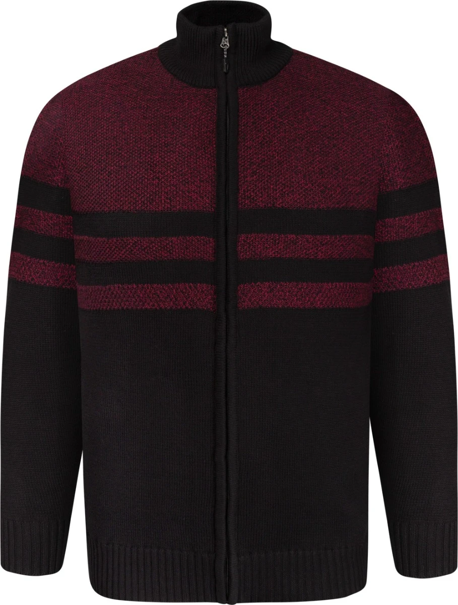 Kam Full Zip Through Marl Stripe Jumper - Black Burgundy 3 Kam Full Zip Through Marl Stripe Jumper - Black Burgundy