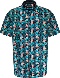 Kam Flamingo Patterned Short Sleeve Shirt - Black Blue