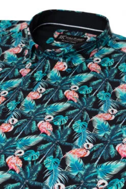 Kam Flamingo Patterned Short Sleeve Shirt - Black Blue -Famous Menswear Store kbs p024 ss shirt black 3
