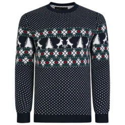 Kam Reindeer Festive Crew Neck Christmas Jumper - Navy