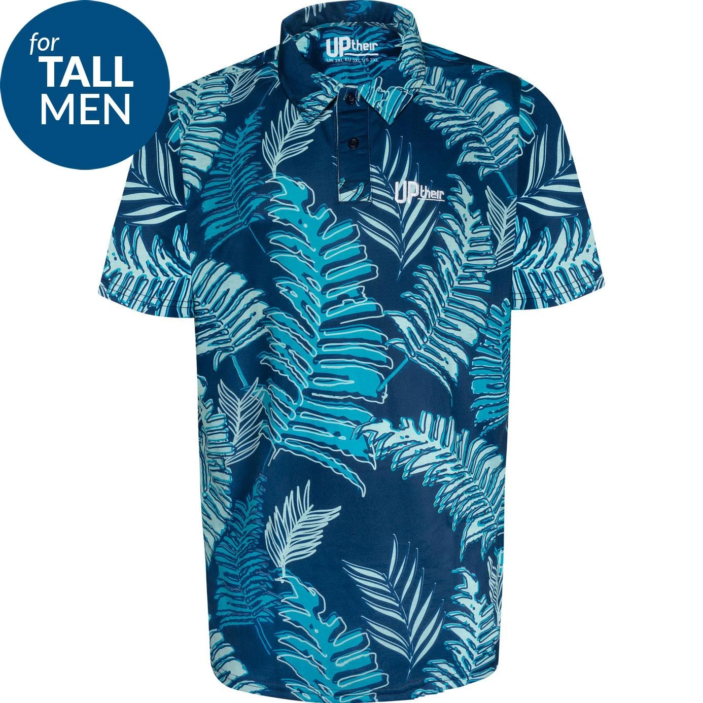 Uptheir Lando TALL Tropical Leaf Print Polo Shirt - Blue 4 Uptheir Lando TALL Tropical Leaf Print Polo Shirt - Blue - Image 2